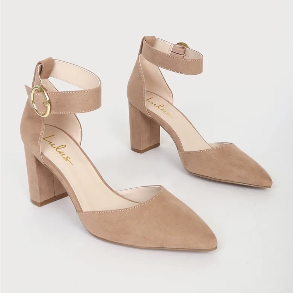 Lulu's Taupe  Ankle Strap Block Heels, Size 8